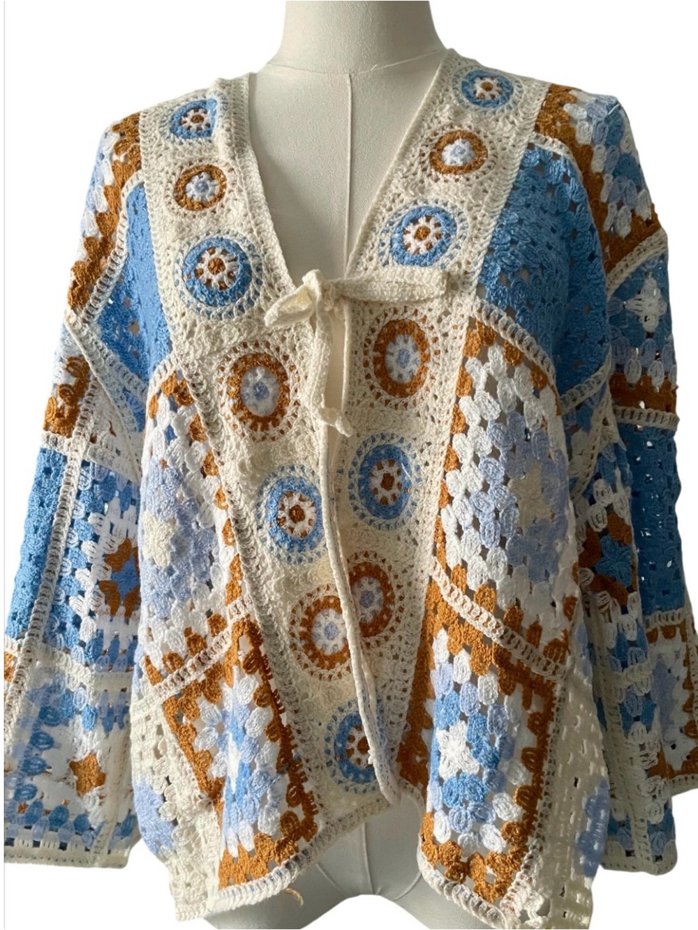 POL Granny Square Crochet Cardigan Sweater Boho Patchwork OS, NIB - Picture 3 of 13